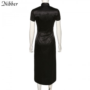 NIBBER black party long dresses women short sleeve high-neck dress chinese style new year vacation elegant sexy style 2020